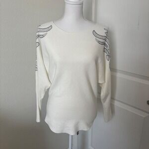 Liquid by Sioni Cream Embellished Rhinestone Dolman Sleeve Wool Blend Sweater S